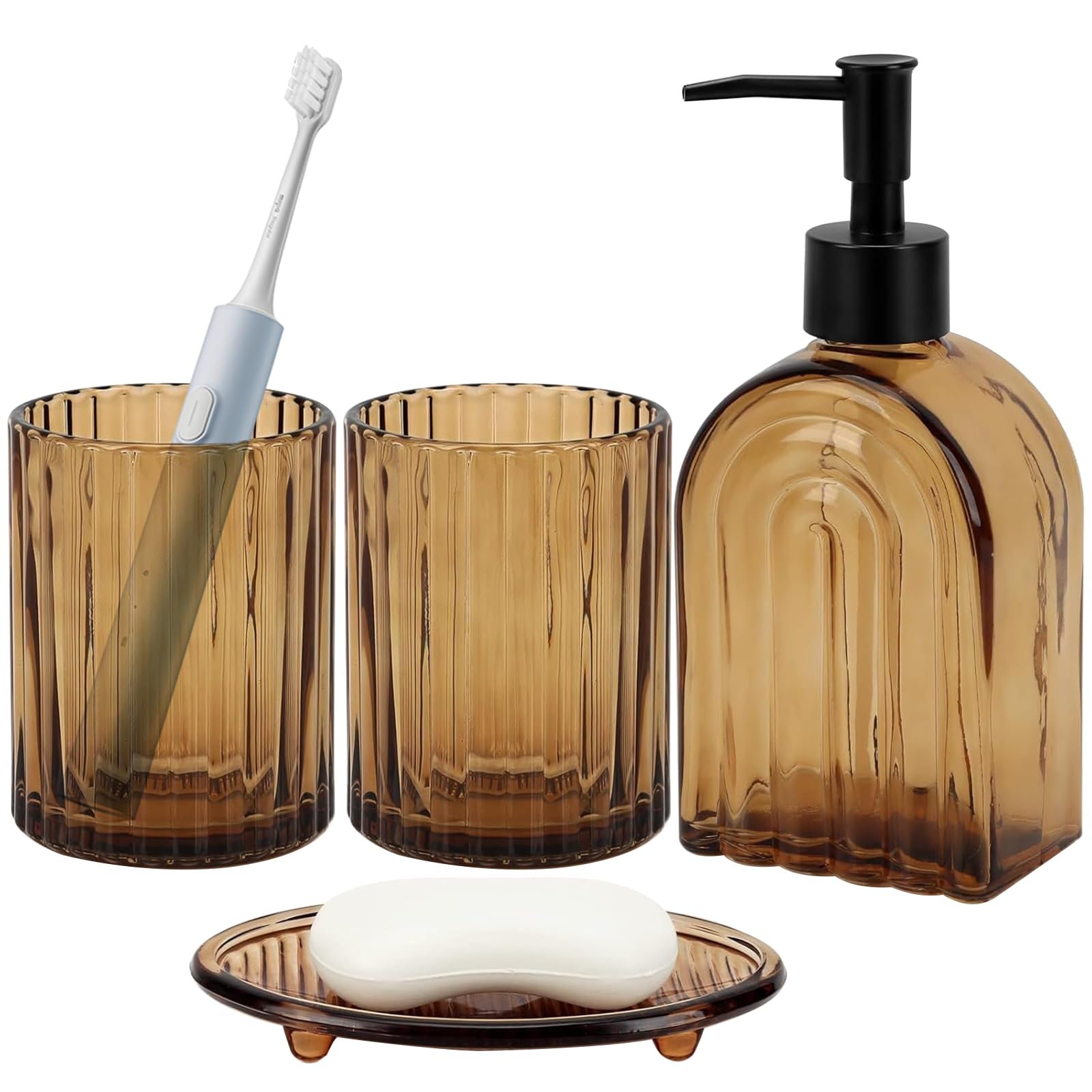 Bathroom Accessory Set, 4-Piece Brown Glass with Wide Stripes — image 1