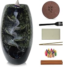 Ceramic Backflow Incense Holder Smoke Waterfall Burner Set with 120 Backflow Incense Cones, 30 Incense Sticks & Premium Accessories for Aromatherapy Home Decor