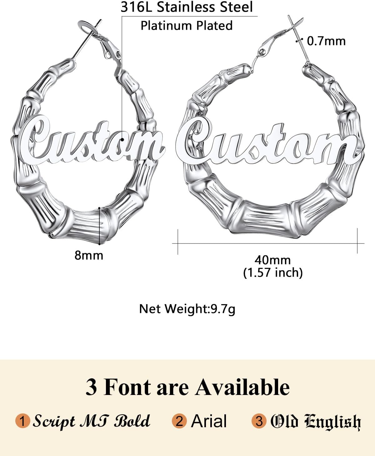 Custom4U Bamboo Hoop Earrings for Women Gold/Silver/Black Large Name Earrings Personalized - Hypoallergenic Lightweight Big Thick Hoops 30/40/50/60/70/80mm - Custom Made Birthday Christmas Gifts - Image 6