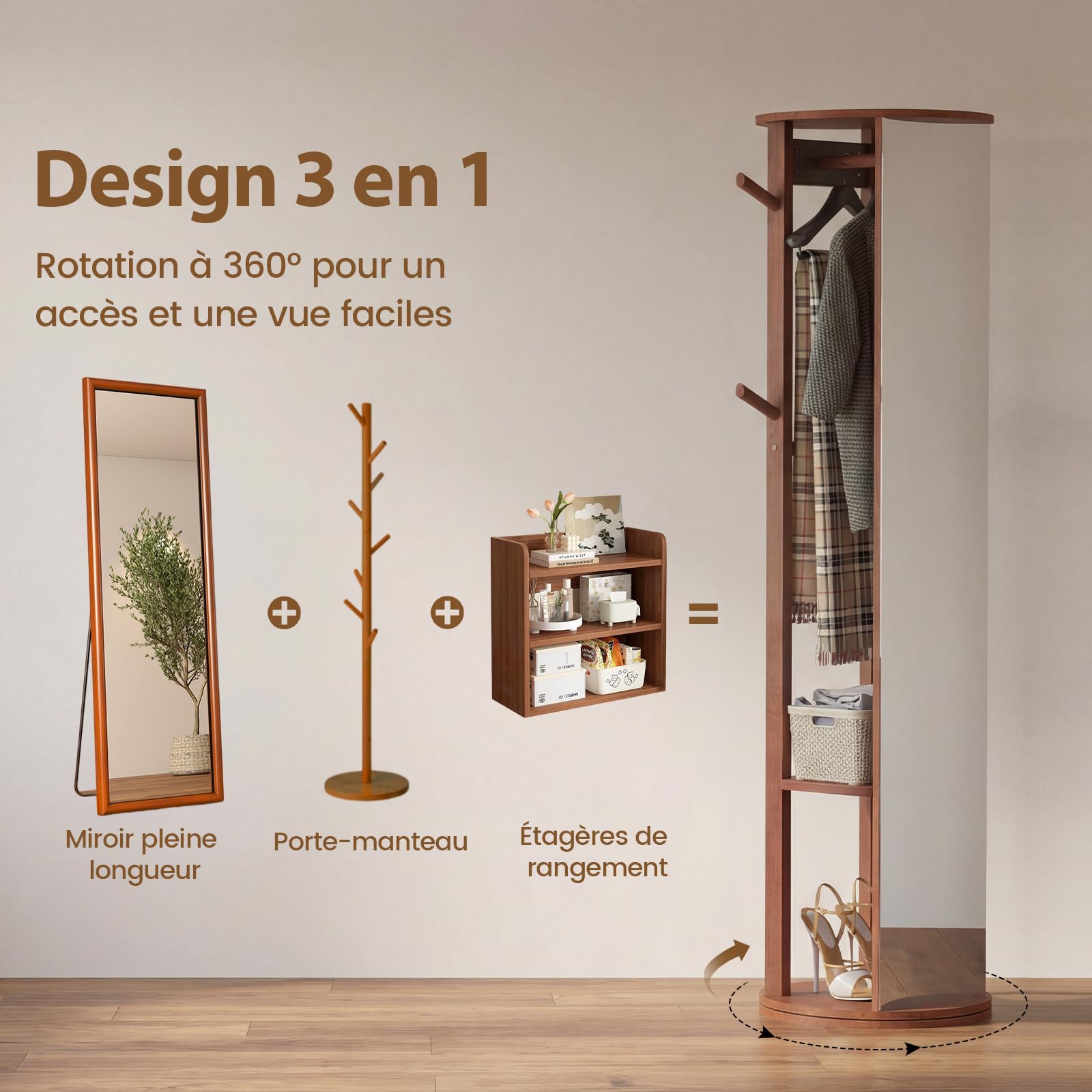 COSTWAY Miroir sur Pied, Grand Miroir avec Porte-Manteau, Base Pivotante à 360°, Cadre en Bois Massif, 2 Étagères de Rangement, 4 Crochets, Barre, pour Chambre Salon (48 x 48 x 168 cm,Noyer)