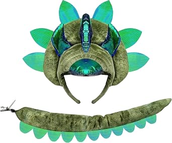 Triceratops Dinosaur Headband Tail Set,3 Horn Dragon Costume Accessories for Adult Kids Halloween Party Dress Up