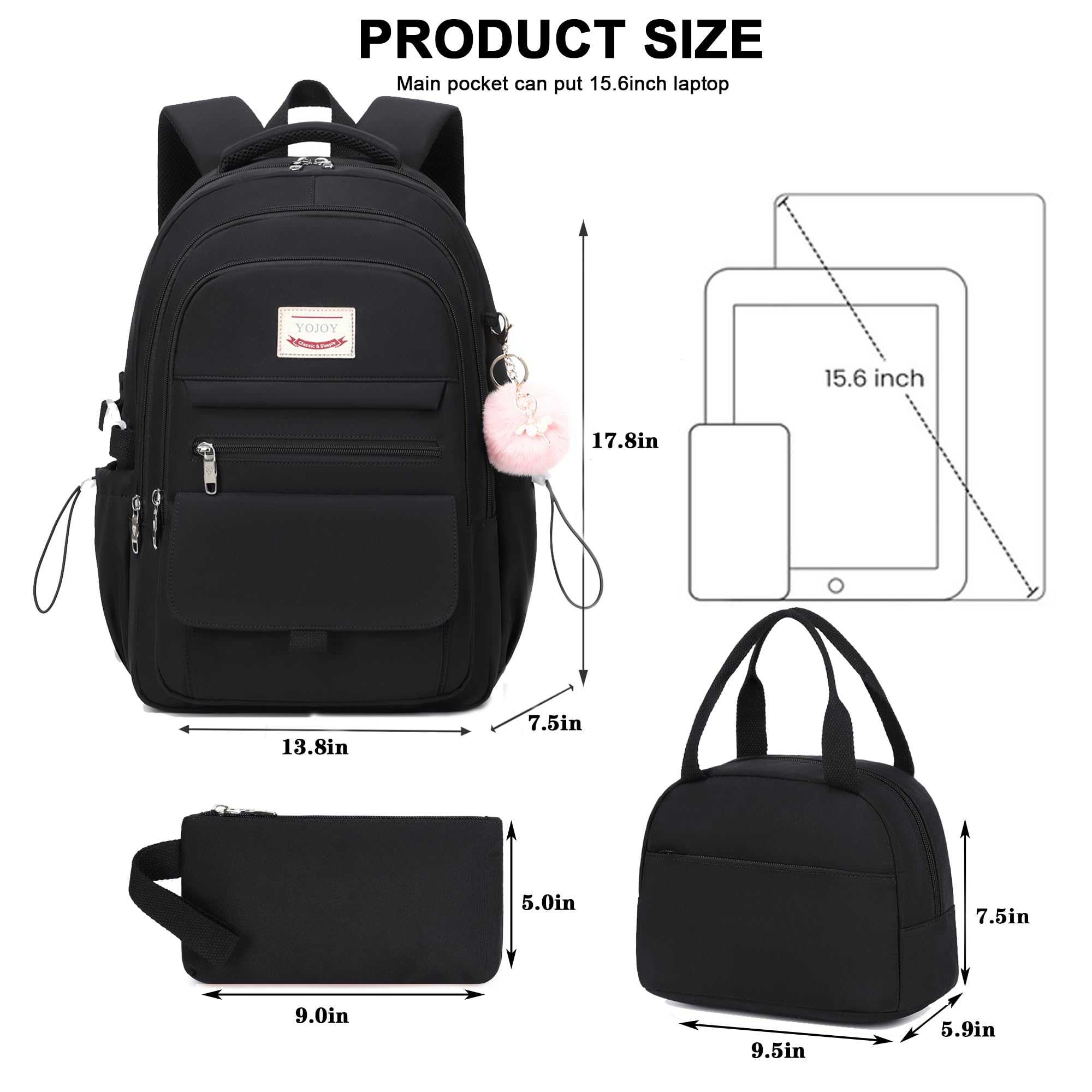 Schultasche für Teenager, Mädchen, Rucksack, 3-teilig, Rucksack für Mädchen, 39,6 cm (15,6 Zoll) Laptop mit Lunchbox, Federmäppchen-Set