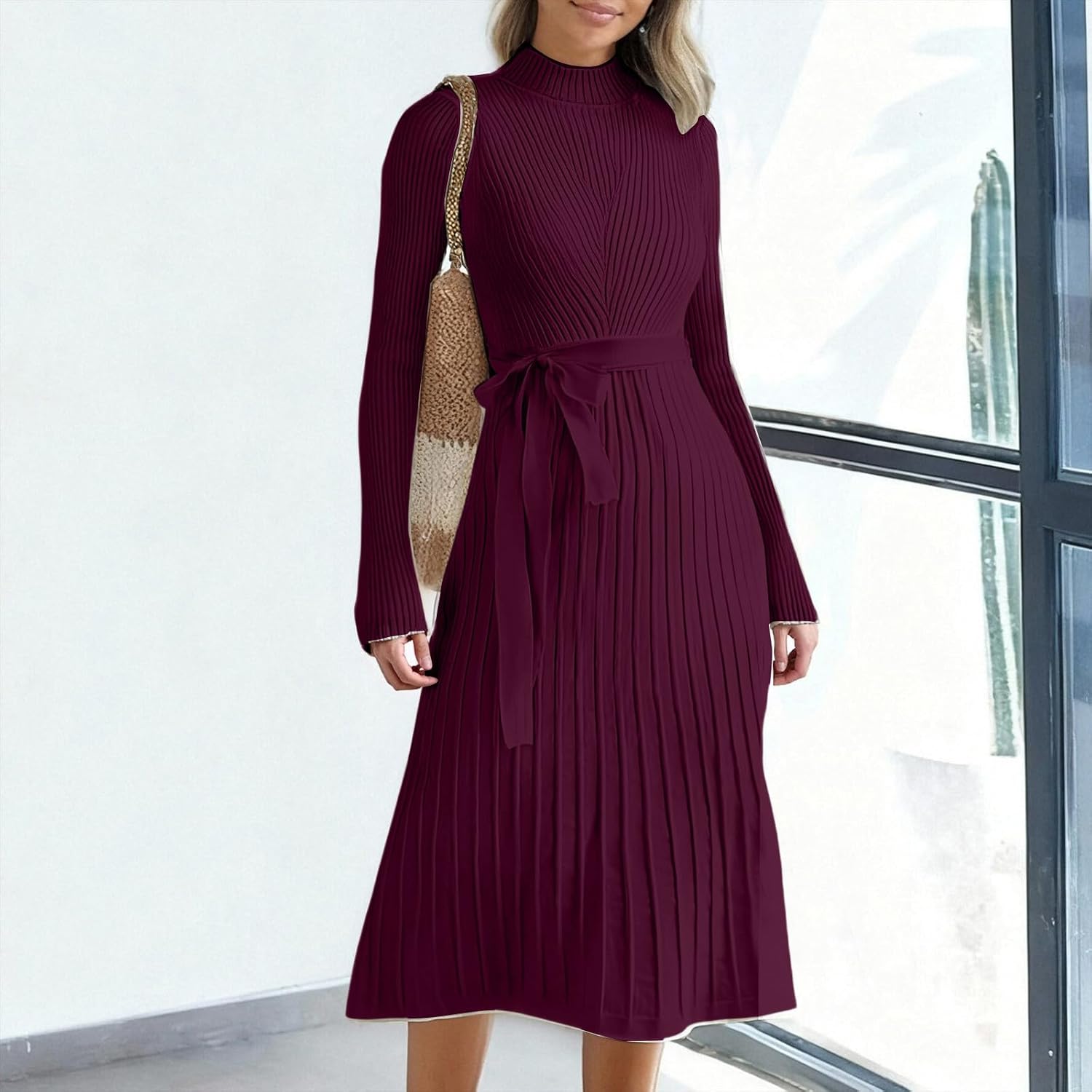 Womens Cable Knit Sweater Dress Belted Mock Neck Long Sleeve Swing Pleated Fall Midi Pullover Sweater Dresses