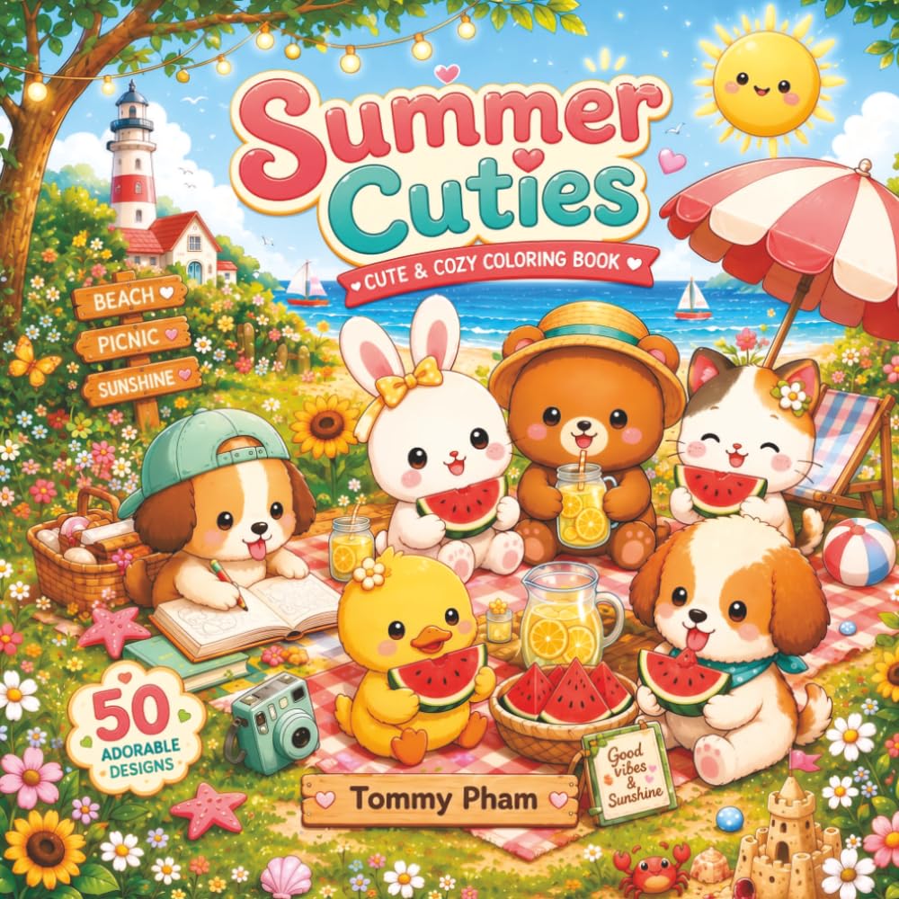 Summer Cuties: Cute Coloring Book for Adults & Teens: Featuring Adorable Animal Friends in Cozy Summer Scenes for Relaxation