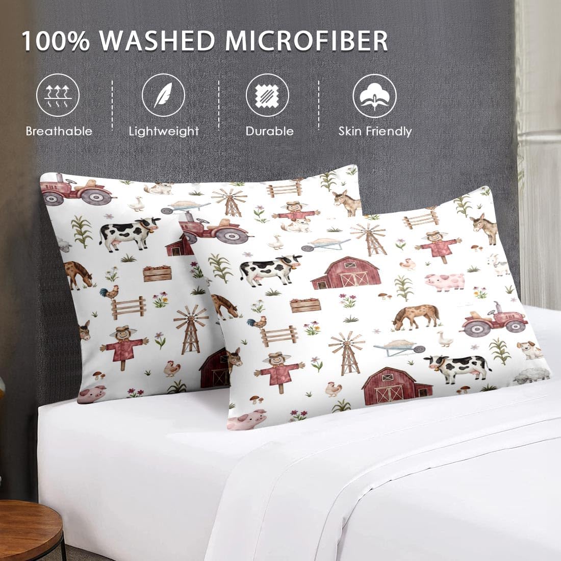 Twin Size Comforter Set with Pillowcase, Farm Animal Tractor House Tree Soft 2 Pcs Bedding for Kids and Adults Bedroom Bed Decor