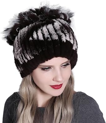 Fur Knitted Hat for Women Flower Shape Elastic Beanie Warm Cap