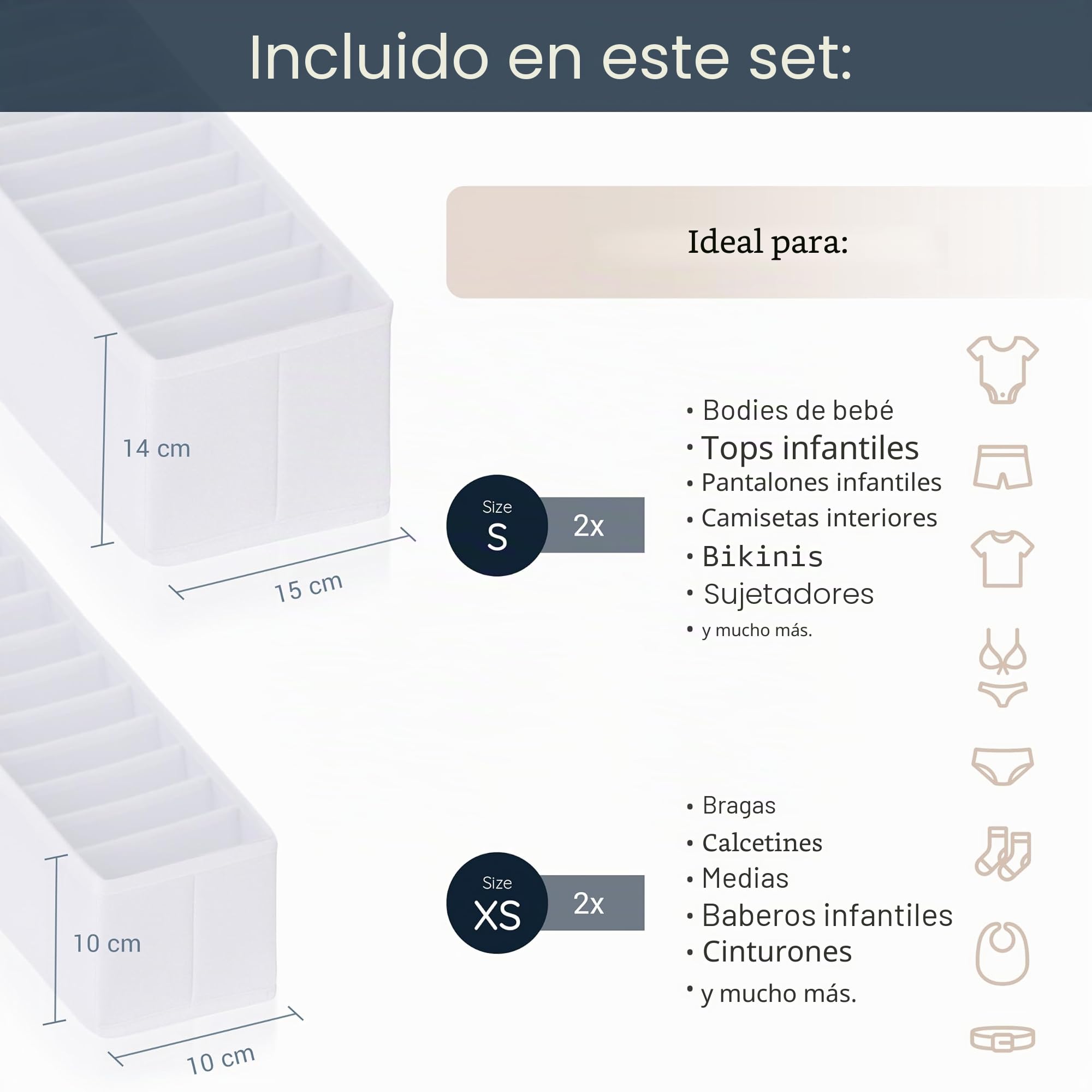 ROW&LINE® – Conjunto organizador – Compartimentos altos para artículos de bebé, ropa interior y prendas de vestir – Sistema divisor de cajones – armarios y cajones – Blanco – Tamaño: 2x XS | 2x S