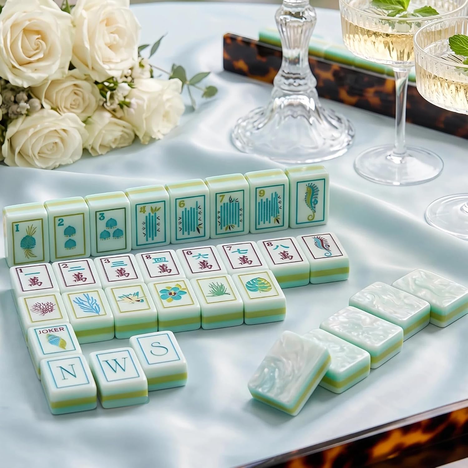 Ocean Shell-Themed American Mahjong Set,160 Acrylic 4-Layer Tiles | Exquisite Carrying Bag 3 Dice and 4 Rule Cards, Handmake Engraved, Gift for Tile Lovers, Friends & Couples