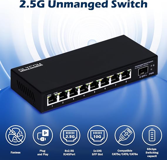 8 Port 2.5G Unmanaged Ethernet Switch 8x2.5GBase-T Ports 1x10G SFP+ Fiber Switch 60Gbps Bandwidth Desktop/Wall Mount Plug and Play Compatible with 100/1000/2500Mbps(9port| 82.5G + 110G SFP+)