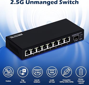 8 Port 2.5G Unmanaged Ethernet Switch 8x2.5GBase-T Ports 1x10G SFP+ Fiber Switch 60Gbps Bandwidth Desktop/Wall Mount Plug and Play Compatible with 100/1000/2500Mbps(9port| 82.5G + 110G SFP+)