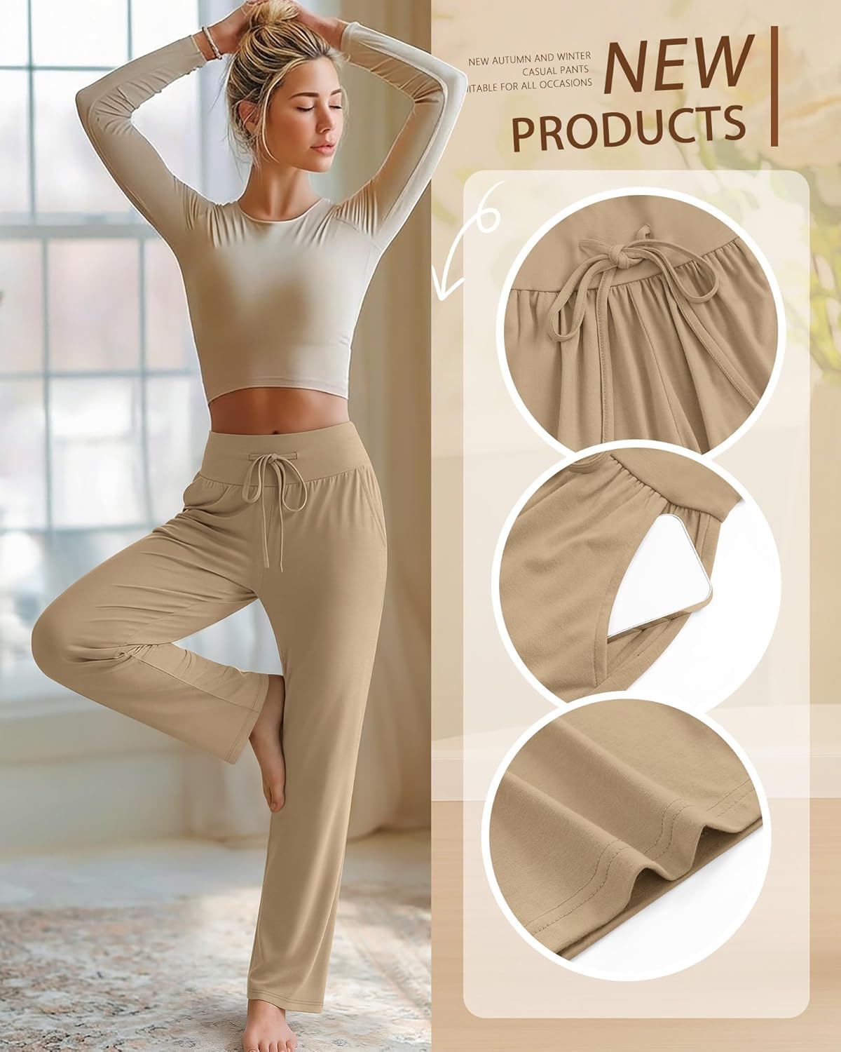 3 Pack Women's Lounge Pants Wide Leg Yoga Pants Loose Drawstring High Waisted Pajama Bottoms with Pockets - Image 4