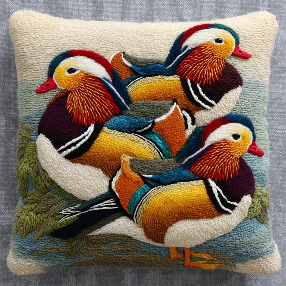 kitphoenix DIY Latch Hook Kit Mandarin Ducks 3D Pillow Materials Package Embroidery Kits Cross Stitch Sofa Cushion Cover with Hook Tool Fit for and Adults 17X17Inch