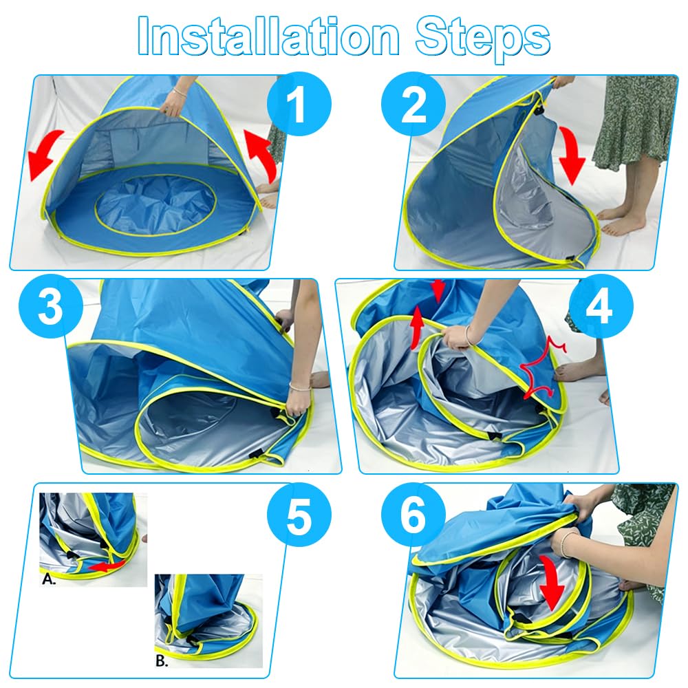 Tenda da Spiaggia Pop-up, Tenda da Spiaggia Bambini con Mini Piscina e Borsa, Tenda per Neonati Pieghevole Portatile Protezione Solare Anti-UV 50+, Tenda Spiaggia Bambini per Campeggio