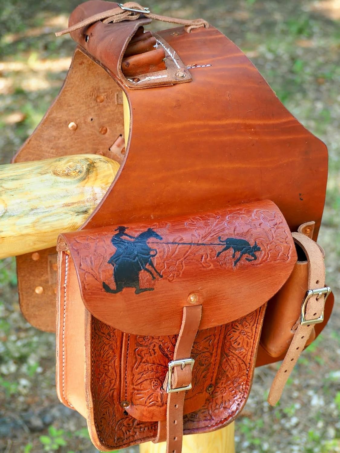 BNB INTERNATIONAL Cowhide Genuine Leather Western Equestrian Trail Tooling Carving Horse Saddle Bag Tooled Carved Pack Equipment Horse Saddle Bags Size: 10” L x 10” W x 3 ½” D inches BAG155