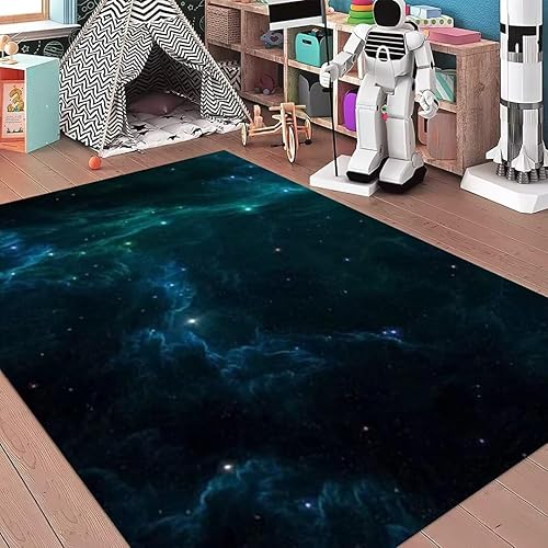 Miniatura 10 de Alfombra de área de cielo estrellado de galaxia azul y morado, alfombra espacial para dormitorio de niños, cocina, antideslizante, 4 x 6 pies