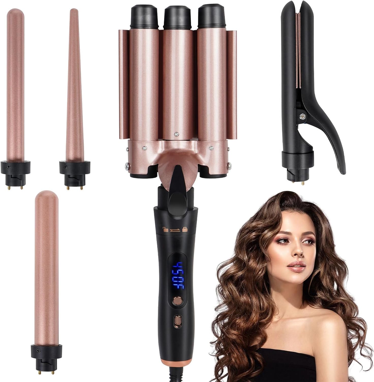 5-in-1 Hair Styling Tool Set, Digital Display Curling Iron with Interchangeable Barrels, Rose Gold and Black