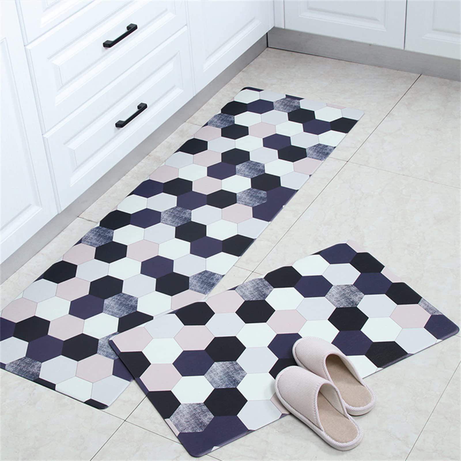 Tapis couloir 60x90cm+60x160cm geometric blue anti-taches et lavable machine