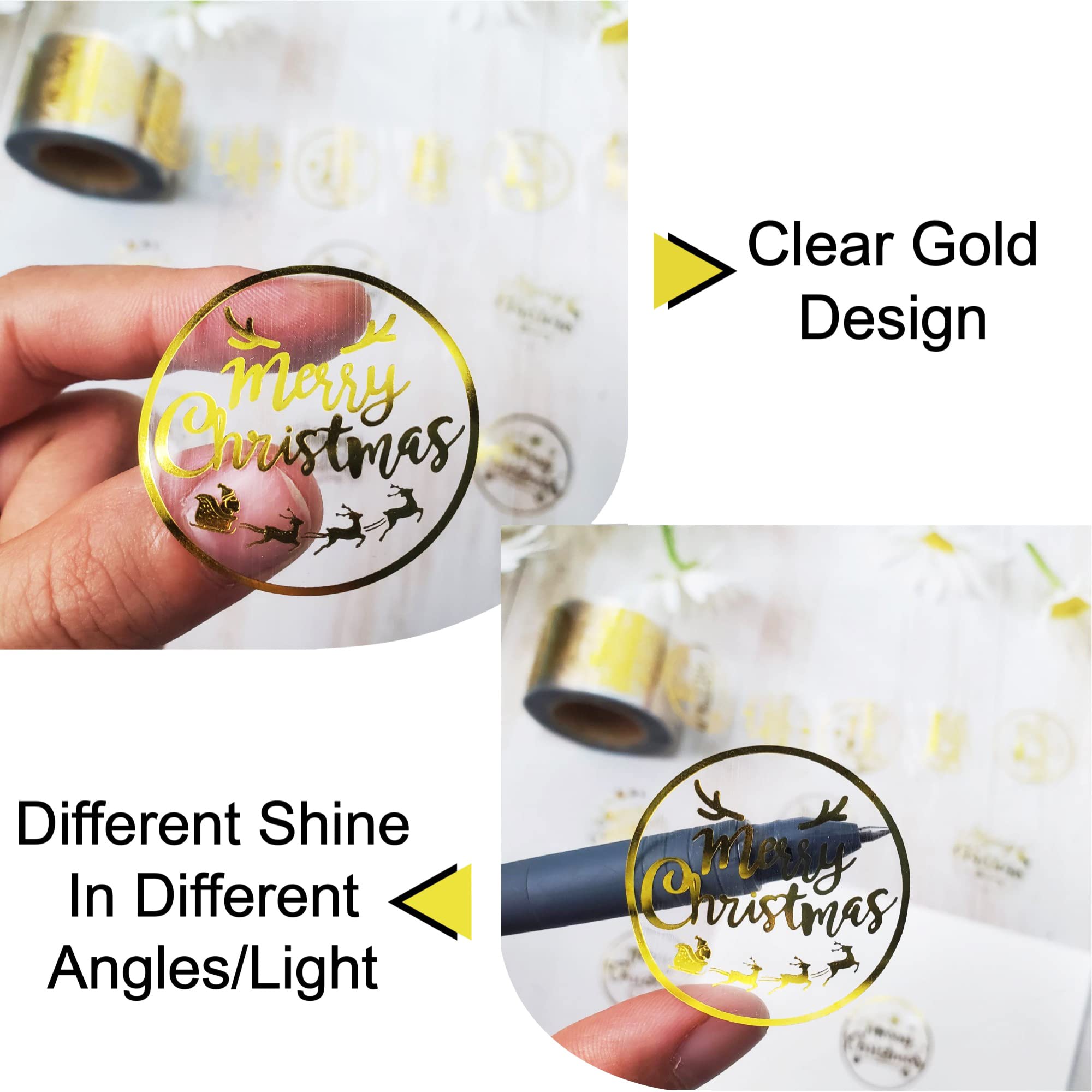 Masper Christmas Stickers, 3.8 cm, 600 Sheets, 6 Waterproof Transparent Gold Foil Shiny Designs - Image 3