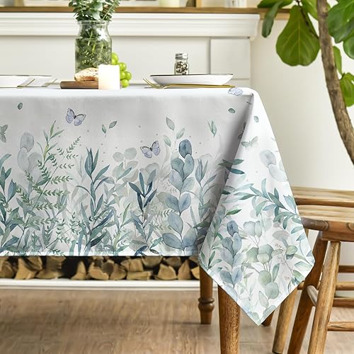 Miniatura 4 de Horaldaily Mantel de primavera y verano de 60 x 120 pulgadas, mantel floral de mariposa de eucalipto para decoración de fiesta, picnic y cena