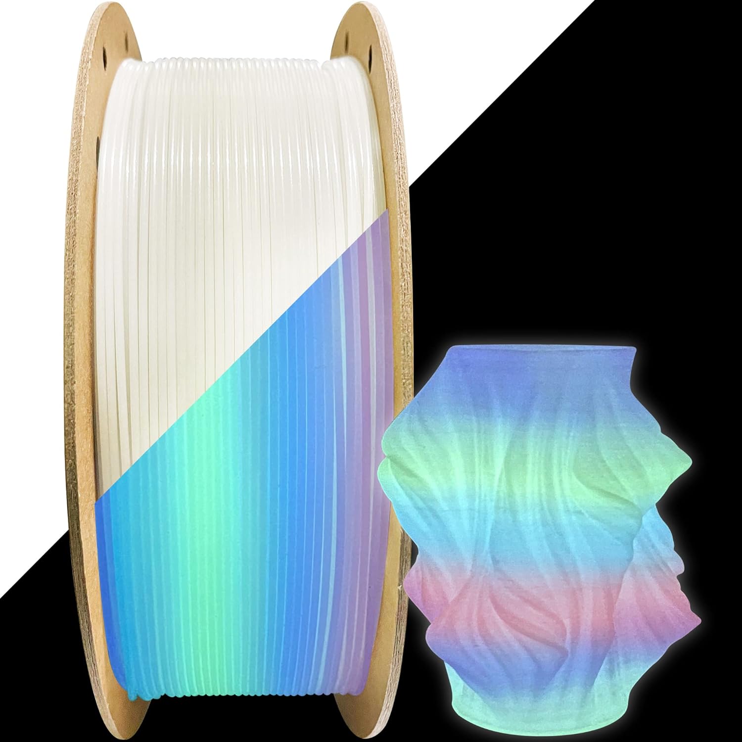 Glow in Dark Rainbow PLA 3D Filament, 1.75mm Strong Luminous Multi Colored 3D Printer PLA, Widely Fit for 3D Printer, 1KG 2.2lbs Glowing in Dark Fast Color Change Fluorescent Rainbow