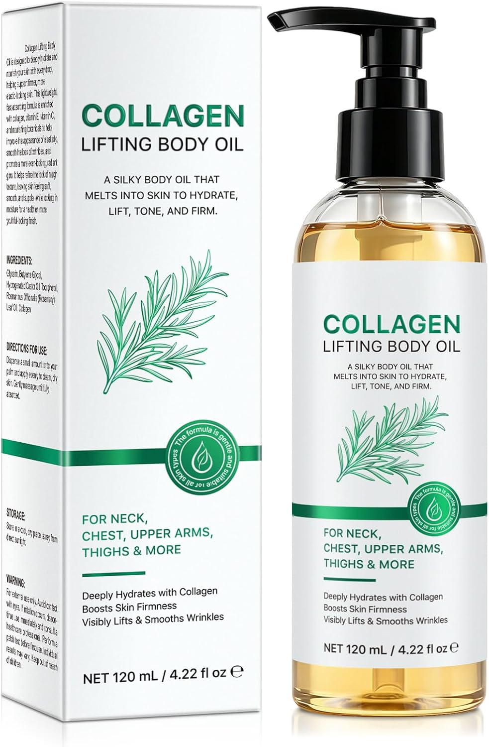 Olio Corpo al Collagene Rassodante ed Elasticizzante 120ml - Olio Idratante Antirughe per Collo, Seno, Braccia e Gambe - Trattamento Effetto Lifting Pelle Secca e Rilassata