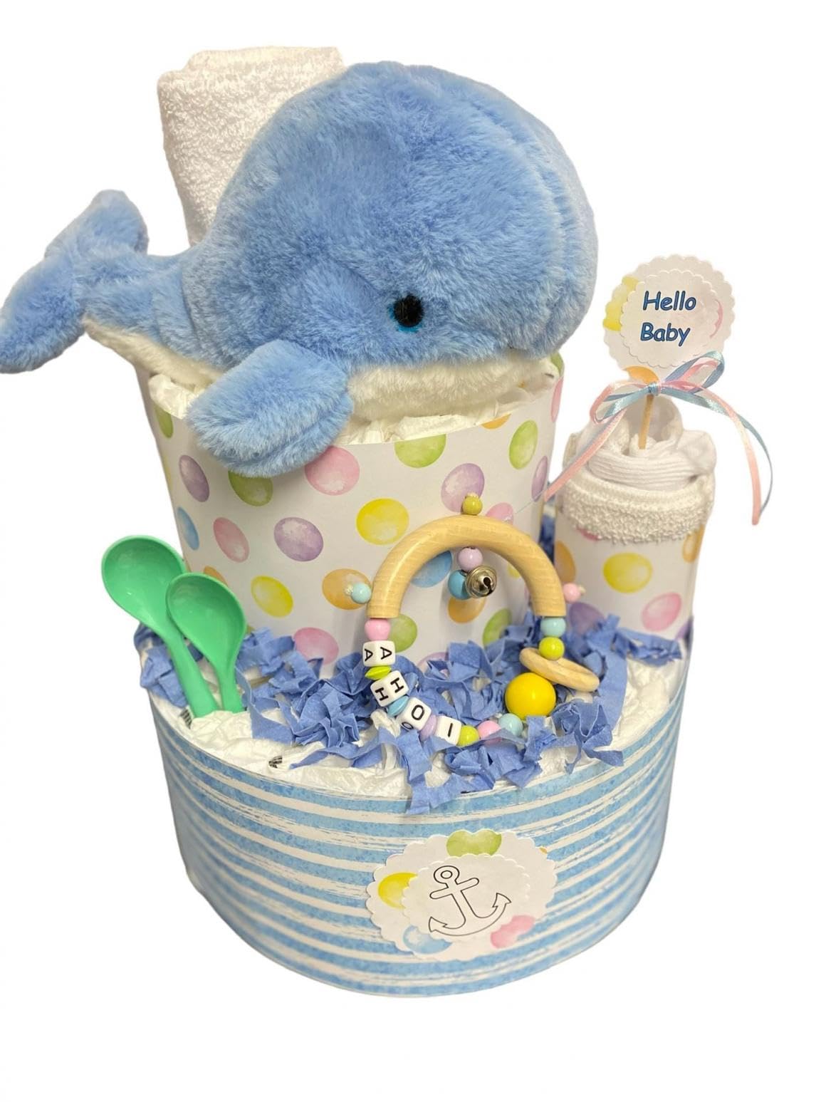 Windeltorte mit Name - Wal Maritim - Geschenk zur Geburt, Babyparty, Taufe, Babygeschenk - ca. 50 Windeln Größe 3