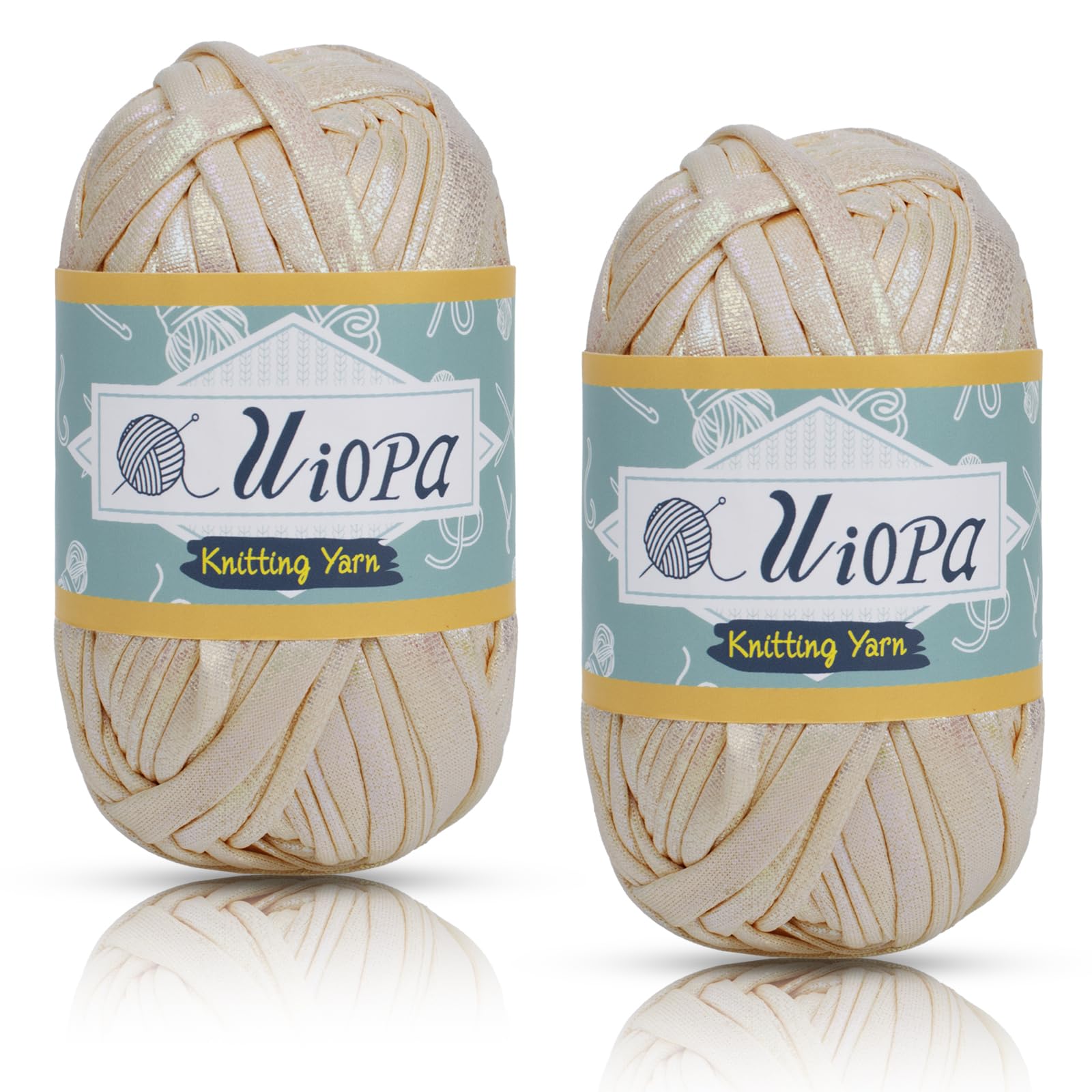 Uiopa Metallic T-Shirt Yarn, 2 x 100g(2 x 33m) Knitting Fabric Cloth Tshirt Yarn, Polyester Chunky Crochet Ribbon for Crocheting Bags, Baskets, Home Decor, DIY Crafts (Beige)