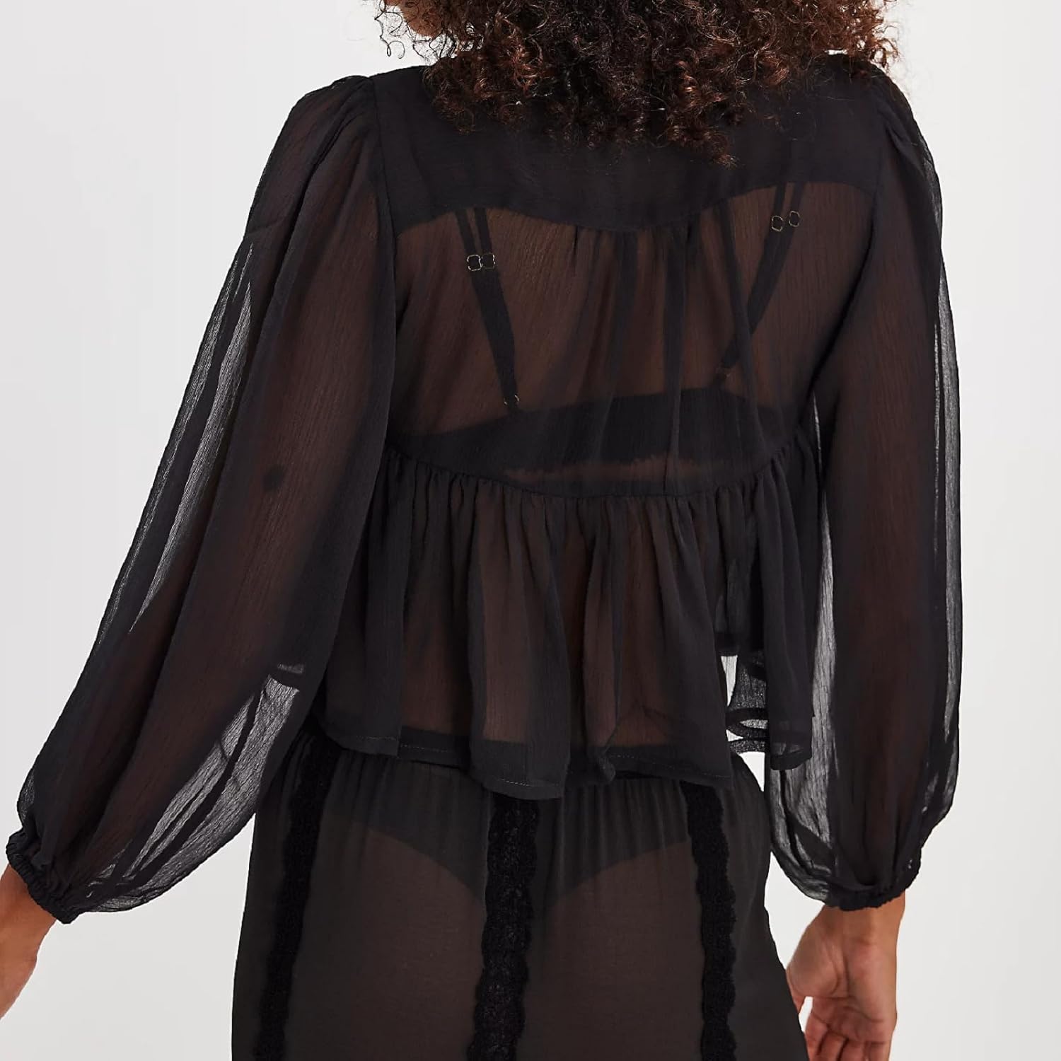 Womens Lace Poncho Top Y2k Batwing Sleeve Sheer Top Sexy See Through Chiffon Blouse Loose Ruffle Flowy Shirt - Image 3