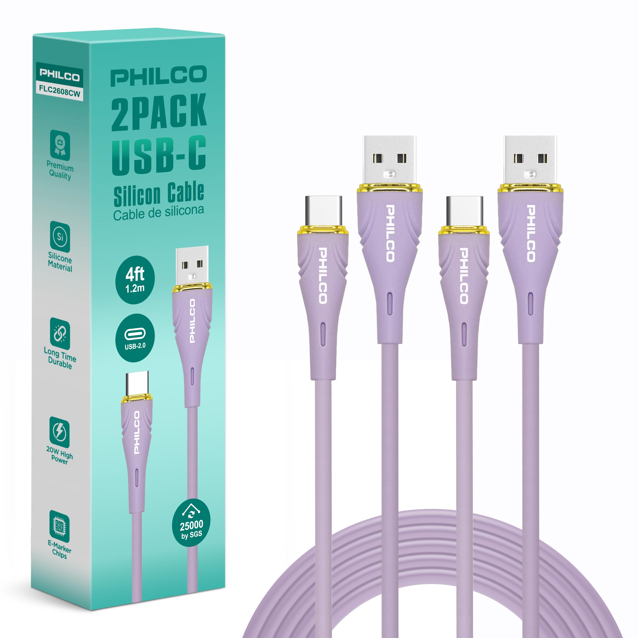 Philco USB to USB C Cable, Type C Charger Cord, 20W Fast Charging USB A to USB C Cable, 4FT Silicone Tangle Free USBC for iPhone 15, 16, MacBook Pro, iPad Air 4, iPad Pro & More (2, Purple)