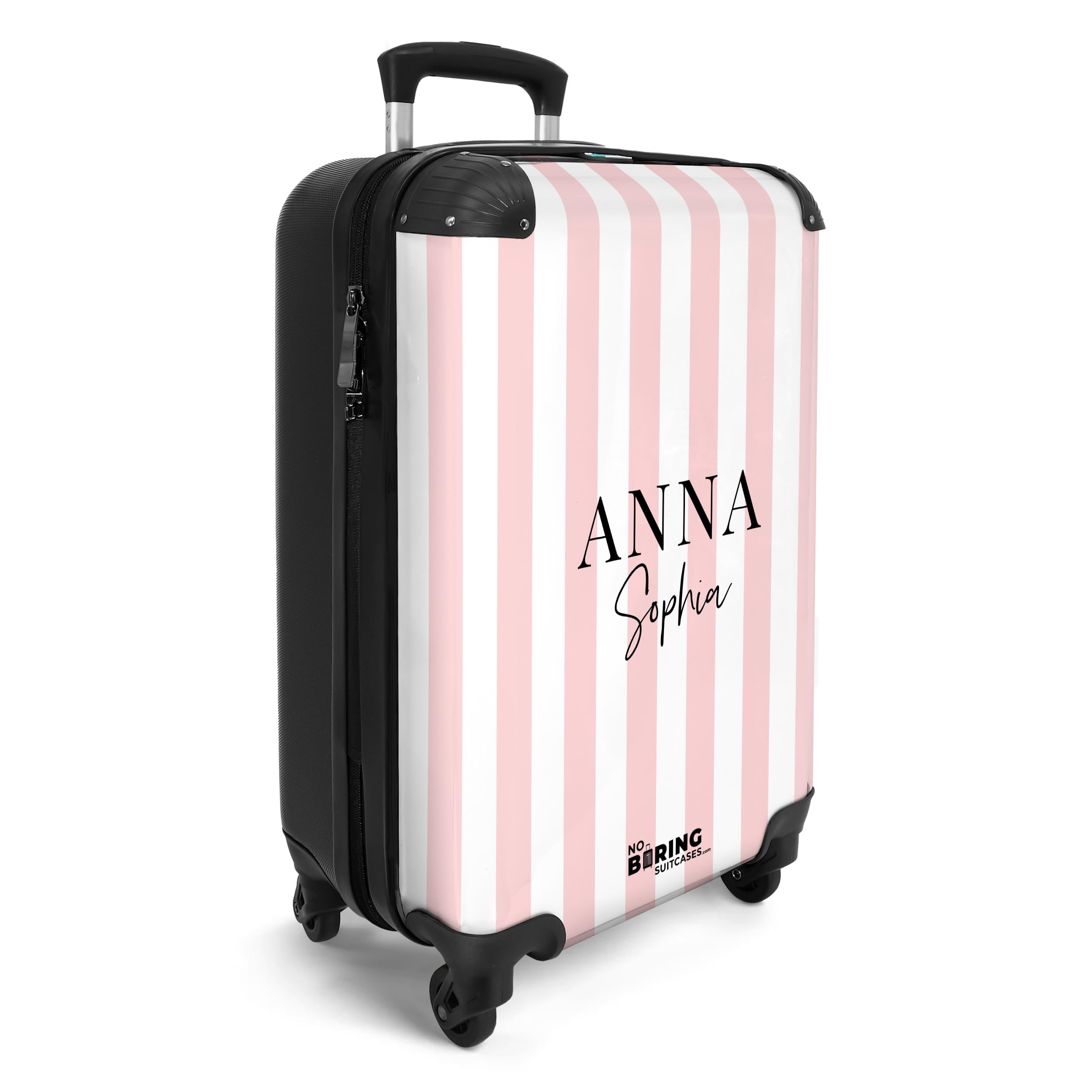 NoBoringSuitcases.com Valigia Bambini, Trolley Bambina, Valigia Per Bambini, Trolley Bagaglio a Mano 55x40x20 cm, Valigia Personalizzabile, 55x40x20 cm (Strisce Rosa e Bianche - Verticali)