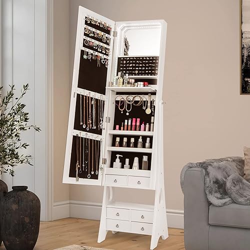 Miniatura 2 de GOFLAME Joyero independiente armario de joyería con luz LED con espejo sin marco de longitud completa estante plegable 6 cajones gabinete de joyería