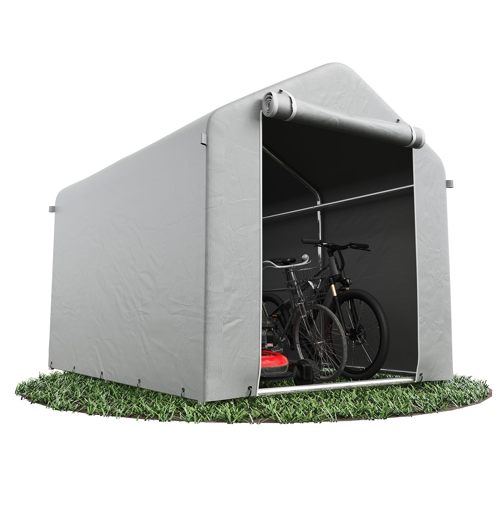 Aoxun 5.2×7.2FT Heavy Duty Outdoor Storage Shed, Roll-up Door Carport for Motorcycle and Lawn Tools, PE Woven fabric, 3000mm Waterproof Portable Bike Shed Shelter and Garden Storage Tent, Silver