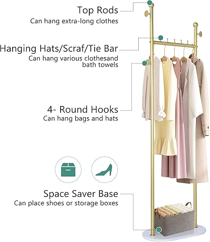 Miniatura 6 de uyoyous Percheros dorados con base de madera, estantes de ropa dorados con estante para boutique, dormitorio, entrada, pasillo