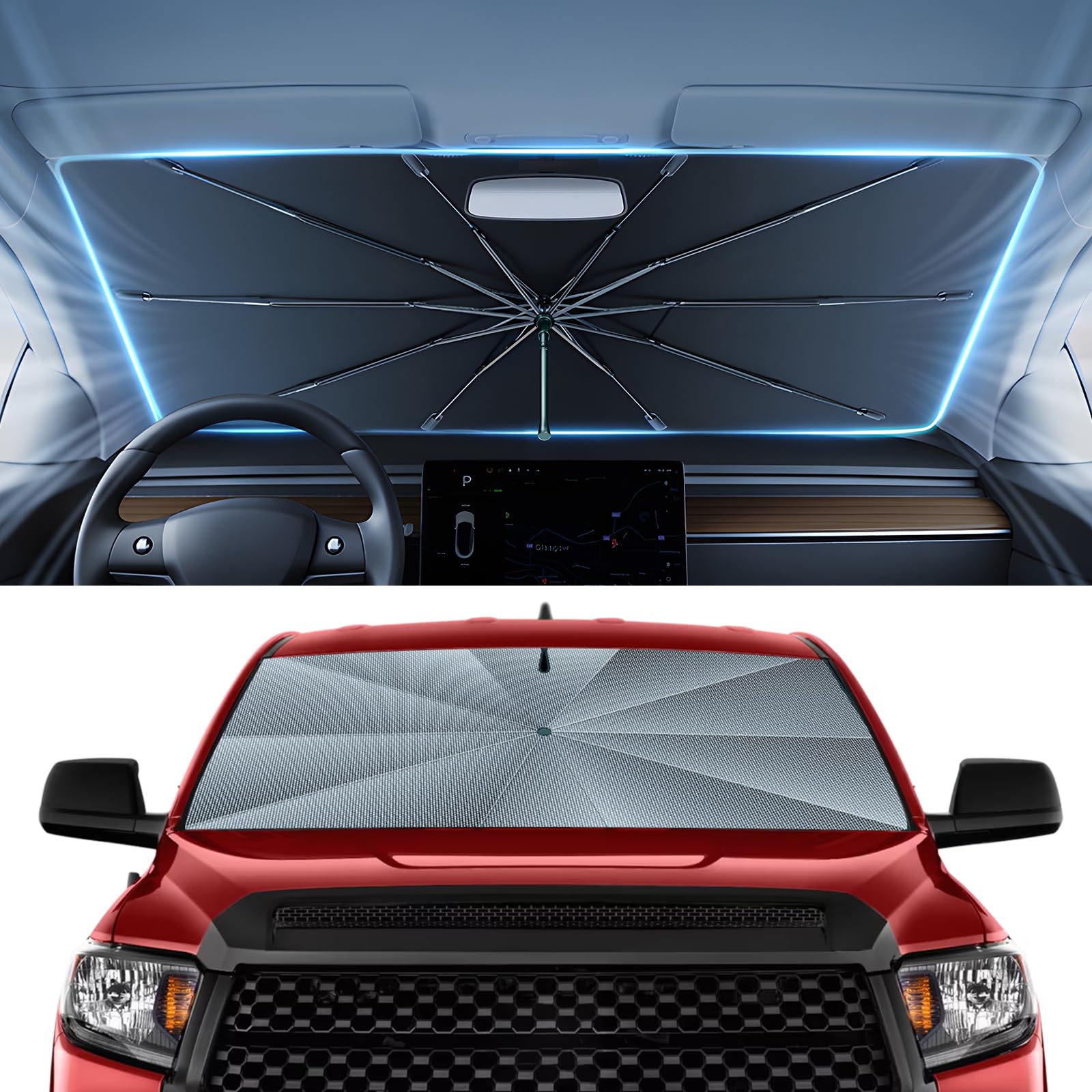 Autorder Windshield Sun Shade Umbrella for 2007-2025 2026 Toyota Tundra Accessories,Upgraded Ice Crystal Material,Easy Setup Umbrella Sunshade for Car Windshield,100% Sun Blocking