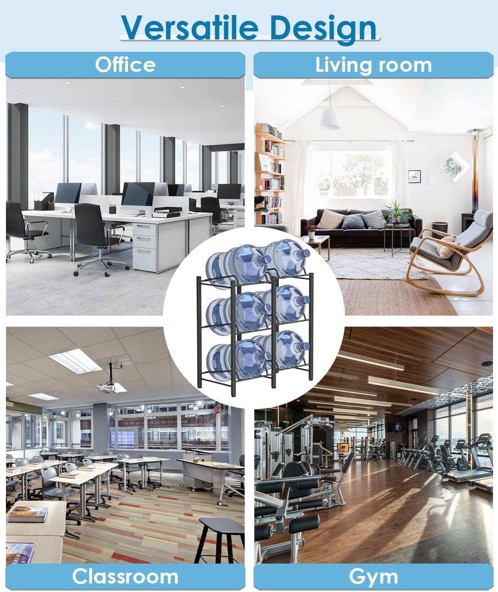 mocomax 5 Gallon Water Jug Holder, Detachable Water Bottle Holder for 6 Bottles, 3 Tier Heavy Duty Water Jug Stand, Water Dispenser Rack for Home, Gym, Kitchen, Office, Black