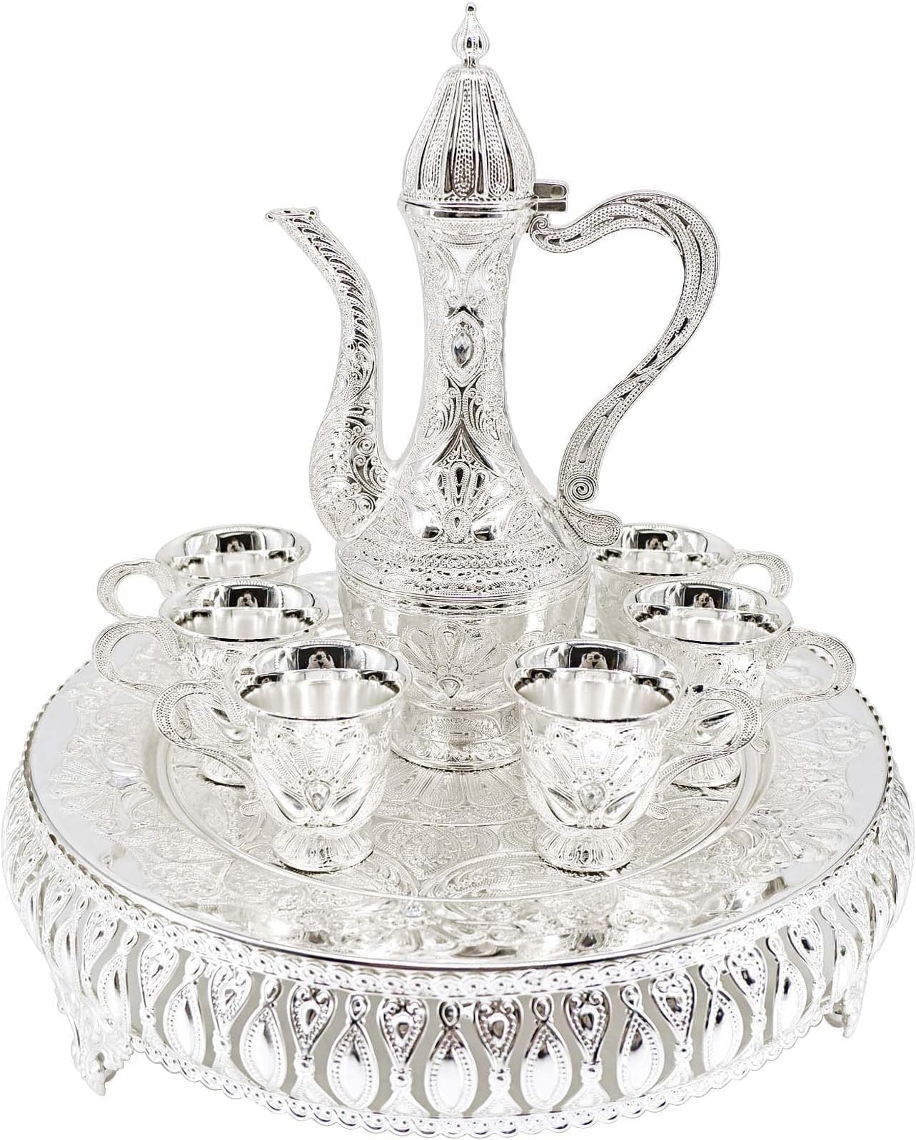 Turkish Coffee Cup and Tea Pot Set Including Teapot,Tea Tray,6 Metal Cups,Tea Service Set for Tea Table Decor,Hip Flask(Silver)