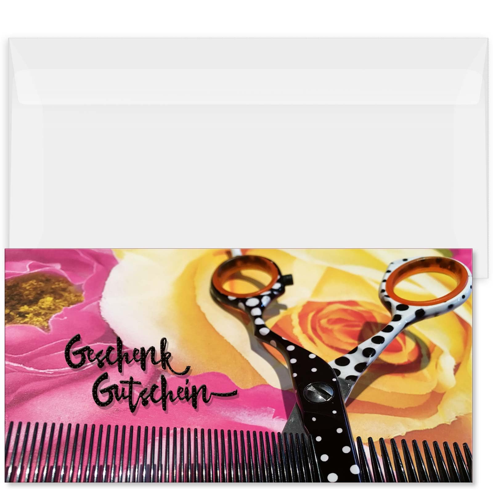 GESCHENKGUTSCHEINcom - 100 Geschenkgutscheine mit Umschlag - Formulare mit Motiv für Friseursalon Friseur Coiffure. Friseurgutschein K92901-100-V1