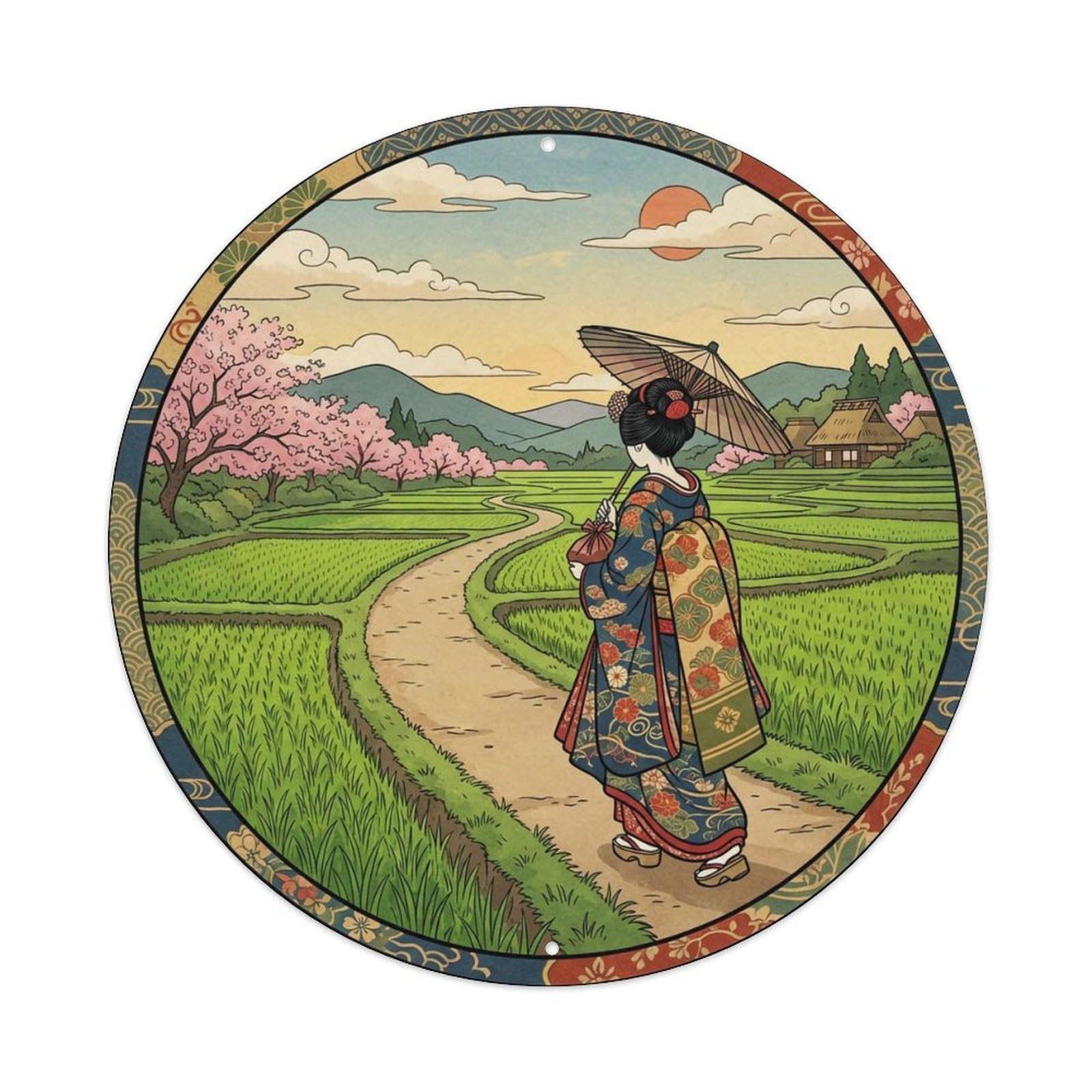Japanese Geisha Rice Field Walking Green Landscape Metal Tin Sign