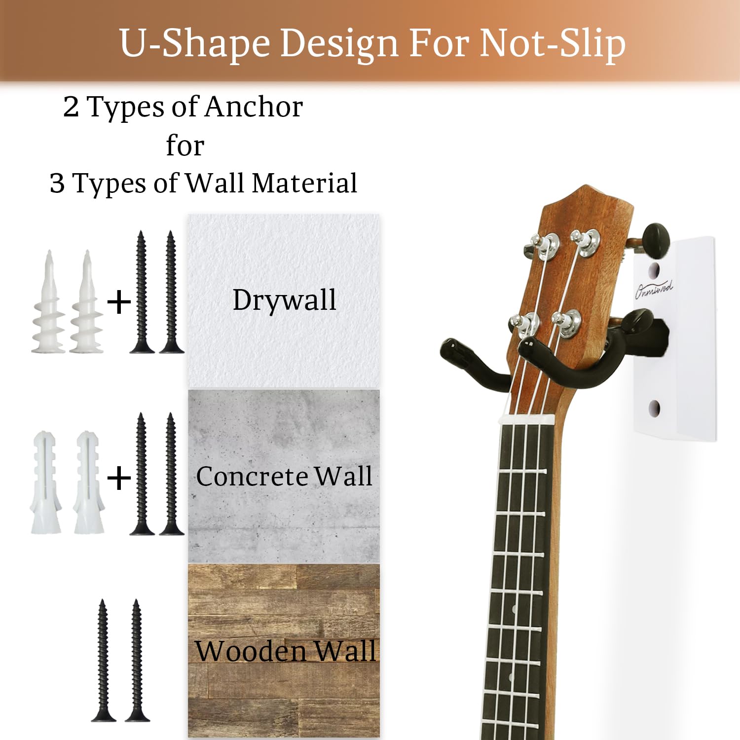 Onmiwod Paquete de 2 ganchos de pared para ukelele, de madera dura blanca, en forma de U, para ukelele, banjo, mandolina, concierto, piña, soprano, tenor y barítono