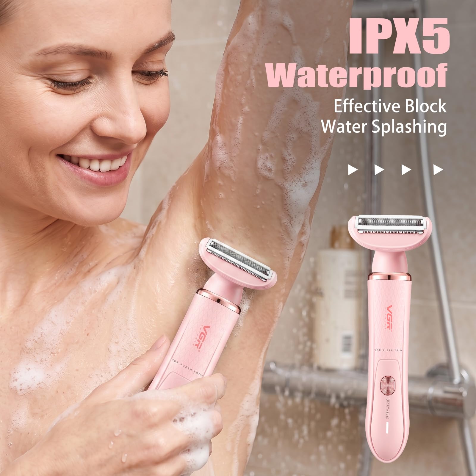 VGR 761 Epilatore Donne, 4 in 1 Rasatore Intimo Senza Fili per Donne, Rasoio Elettrico Femminile e Epilatore Viso, Rasoio Elettrico per Gambe, Viso, Corpo e Ascelle, Rosa