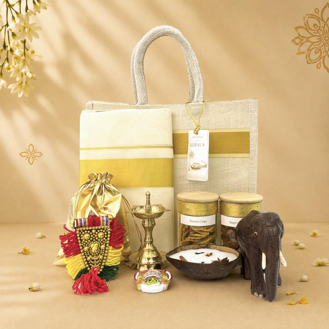 Angroos Onam Gift Hamper with Kerala Jute Bag, Kasavu Dhoti, Brass Nilavilakku, Wooden Elephant, Coconut Shell Candle & Traditional Snacks | Premium Kerala Festival Gift Hamper(Bundle)-image-47