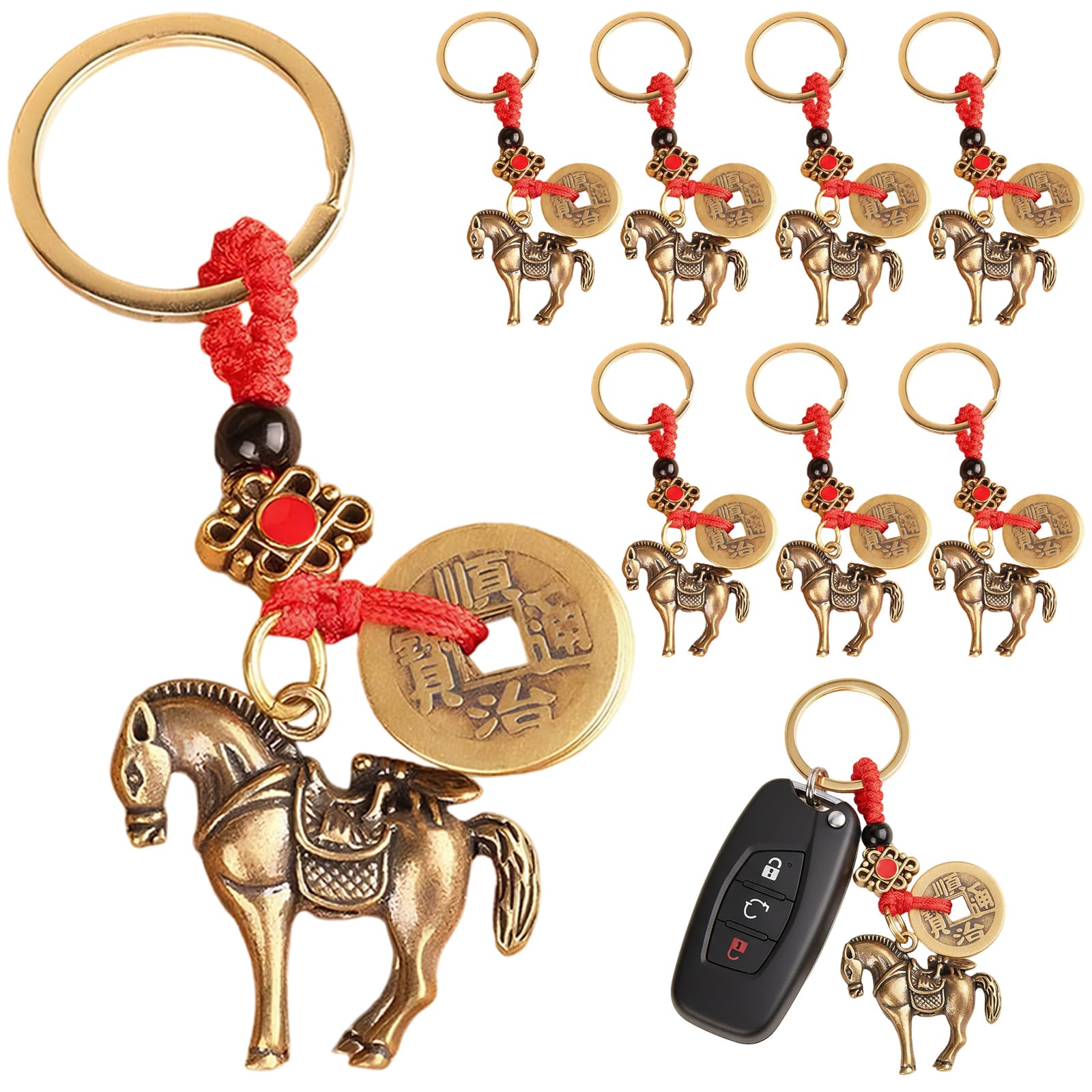 StaZamor 8PCS Horse Keychain Year of The Horse Zinc Alloy Vintage Key Chain Charm for Chinese New Year Blessing Car Keys Bag Pendant Decor Golden