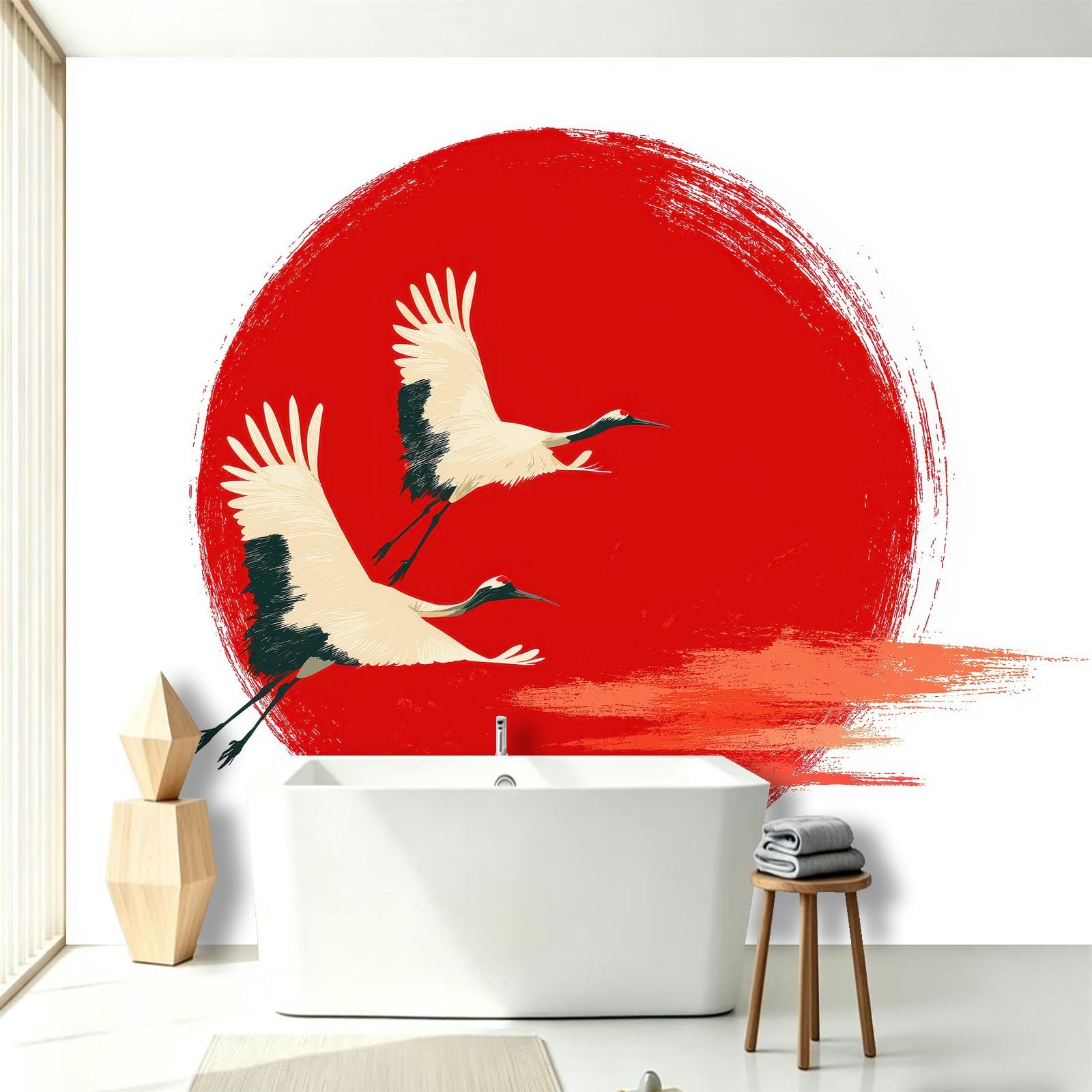 Ukiyo-E - Papel pintado fotográfico japonés de 250 x 175 cm, no tejido, de forro polar, impresión artística de sol rojo grulla para dormitorio, sala de estar, comedor, decoración de póster