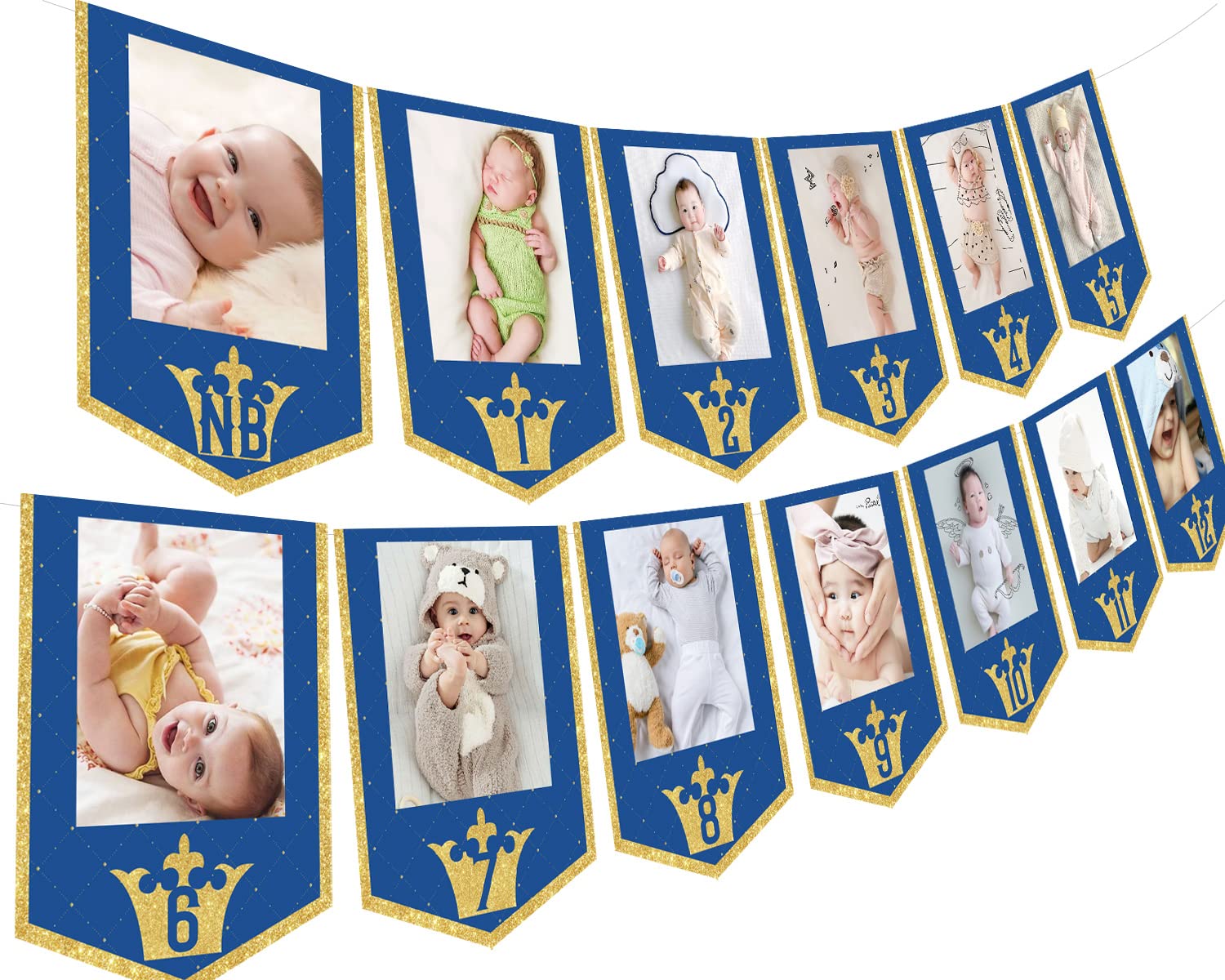 Royal Prince Ghirlanda Foto 1° Compleanno Con Cartelli 1-12 Mesi, Blu Navy E Oro Glitterato, Fai Da Te