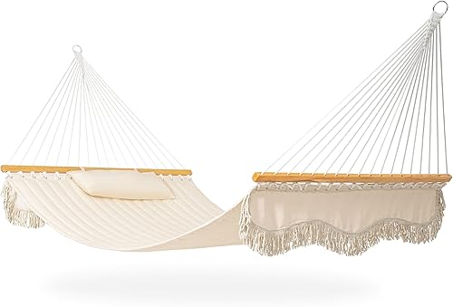 Miniatura 7 de Lazy Daze Hammocks Hamaca de tela acolchada doble de 12 pies con barra separadora de madera dura, borlas, almohada suave, cadenas, hamaca para 2