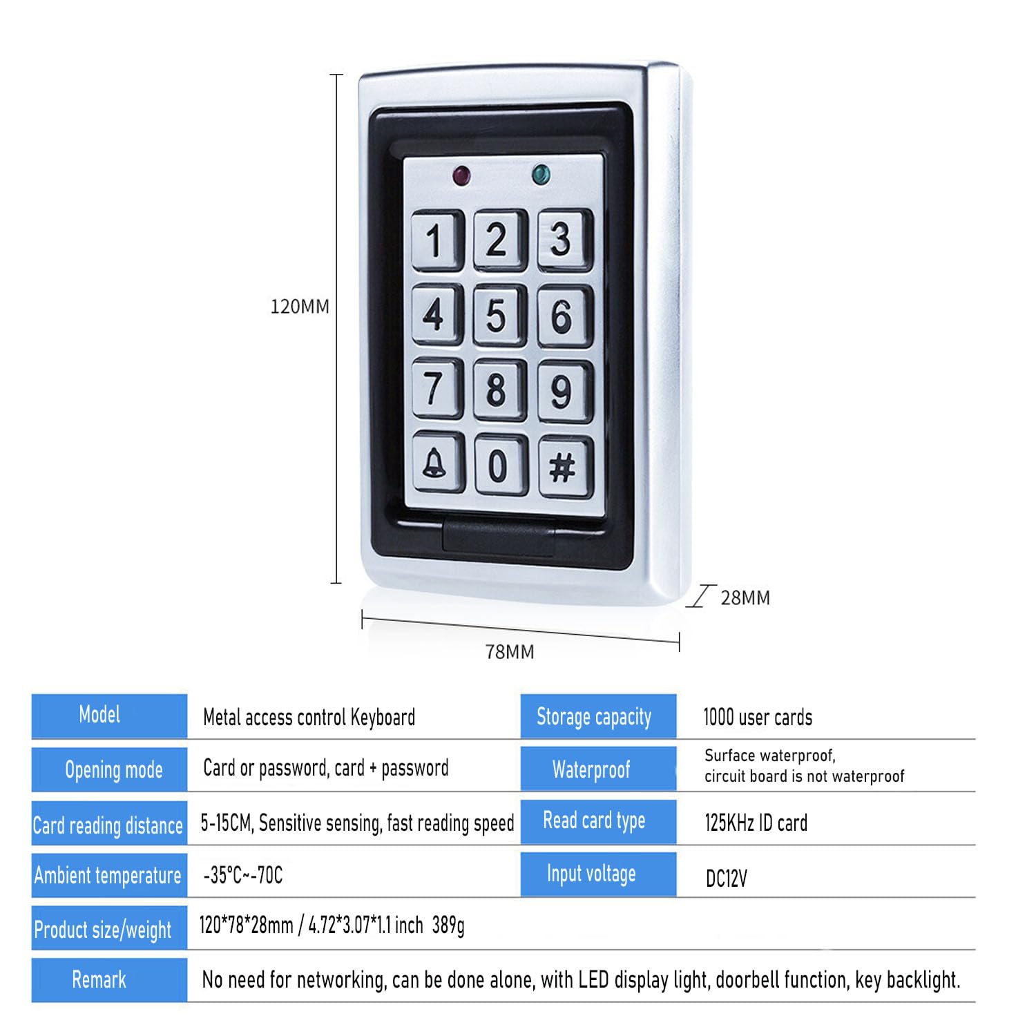 Contrôle d’Accès Imperméable de Clavier à Code Portail Métallique de proximité Étanche Bouton PIN RFID Carte de pour Filaire système d'entrée de Porte Simple, 10pcs keyfobs