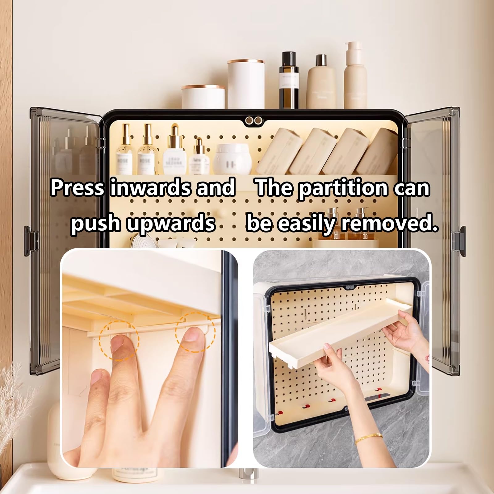 Armario de Baño con Espejo Material Plástico Armario Pared Colgante Baño Dispensador de Papel Inferior con Ganchos Ideal para Baños, Salones y Cocinas(D)