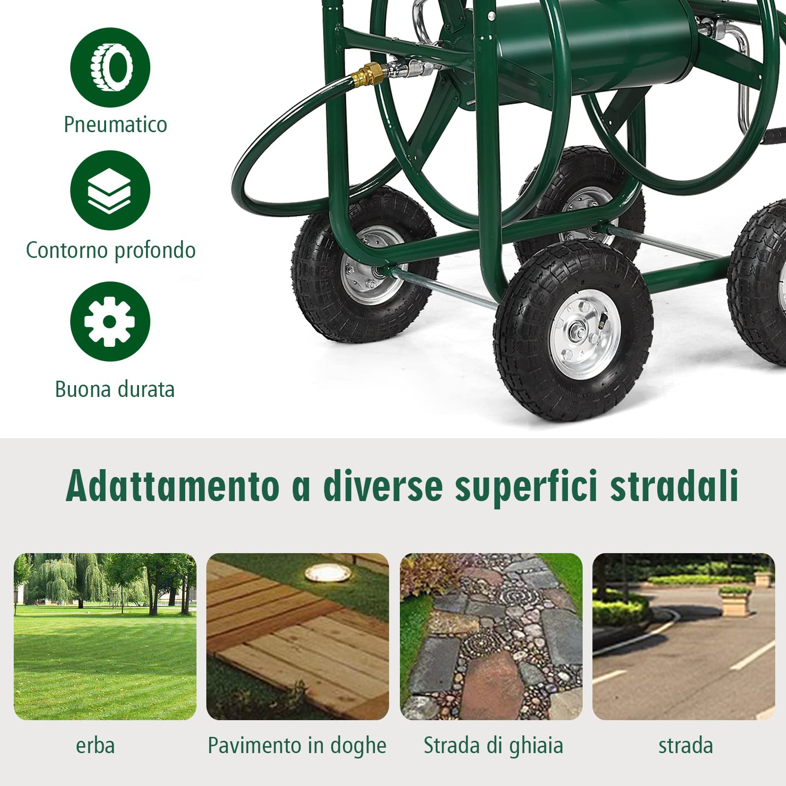 RELAX4LIFE Carrello Avvolgitubo da Giardino, Carrello di Irrigazione Mobile con Ruote ø26cm in Gomma e Cestino Portaoggetti, 95 x 62 x 113 cm