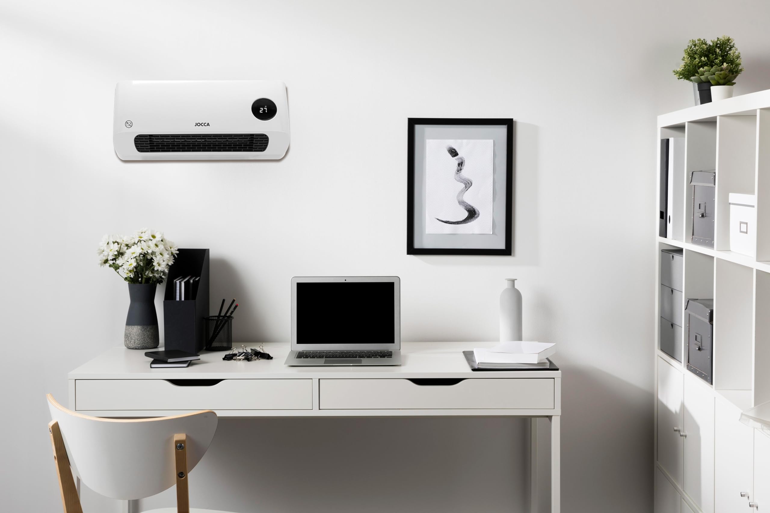 JOCCA - Calefactor de Pared 2000W con Tecnología Cerámica PTC | Ventilador Térmico Frío-Calor, Montaje en Pared, Pantalla LED y Control de Temperatura, Seguro y Silencioso