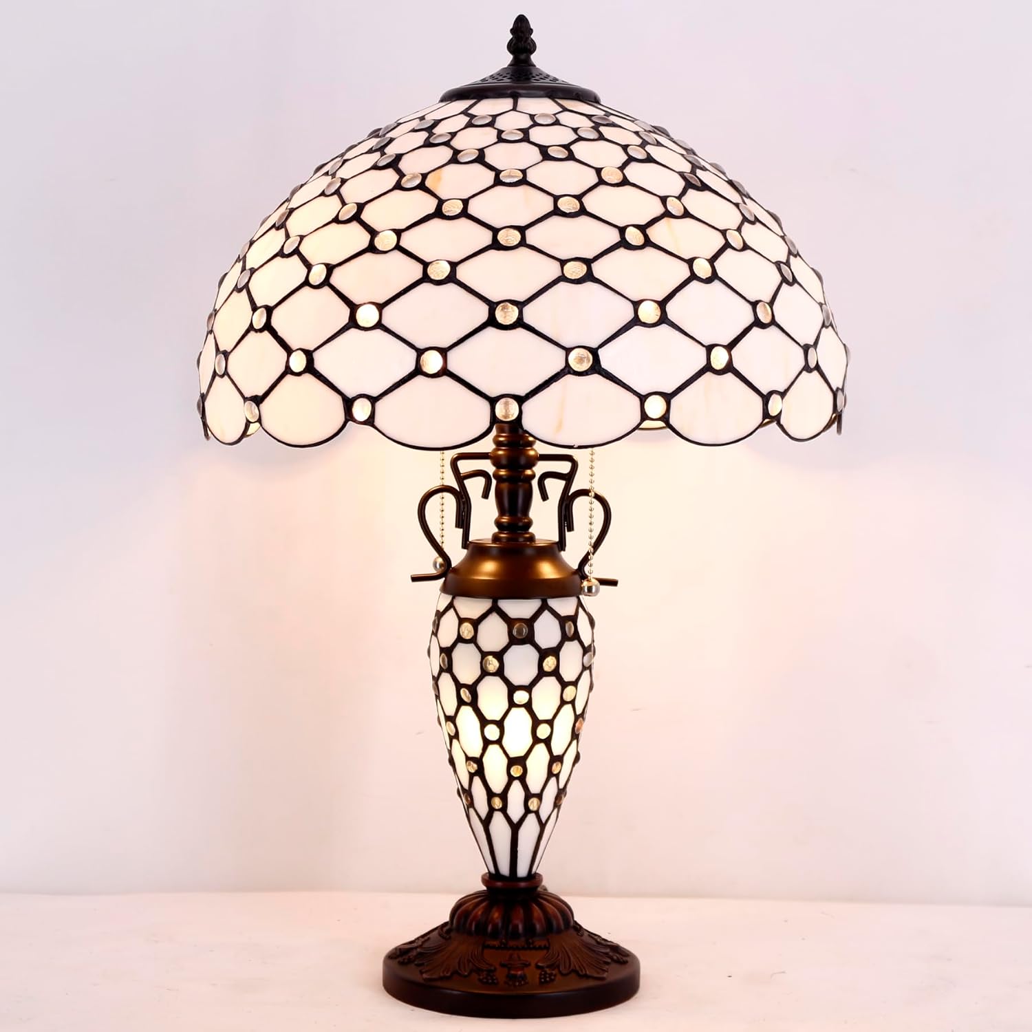 WERFACTORY Tiffany Lamp Cream Stained Glass Crystal Pear Bead Mather-Daughter Vase Table Lamp 16X16X24 Inches Desk Reading Light Decor Bedroom Living Room Home Office S005 Series